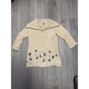 Storybook Knits Neutral Cardigan Cottagecore Long Sweater Floral Fril Collar XL